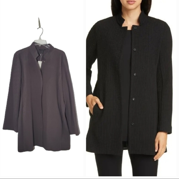 NEW Eileen Fisher Stand Collar Longline Waffle-Knit Jacket XL GRAY